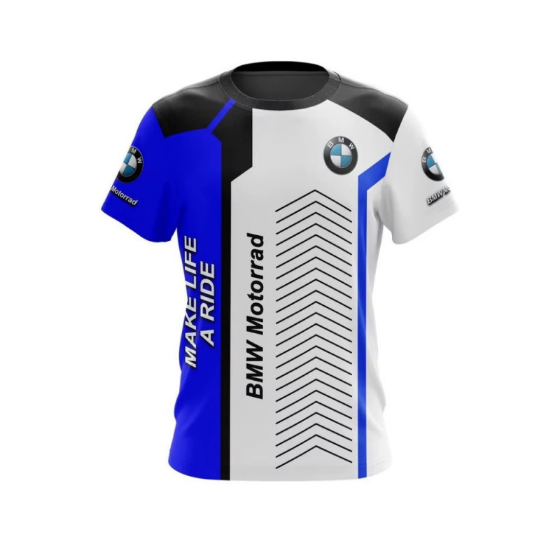 New Summer Motorcycle Bicycle Sports Shirt with Bmw Logo 3D Printing Round Neck Short Sleeve Breathable Lightweight