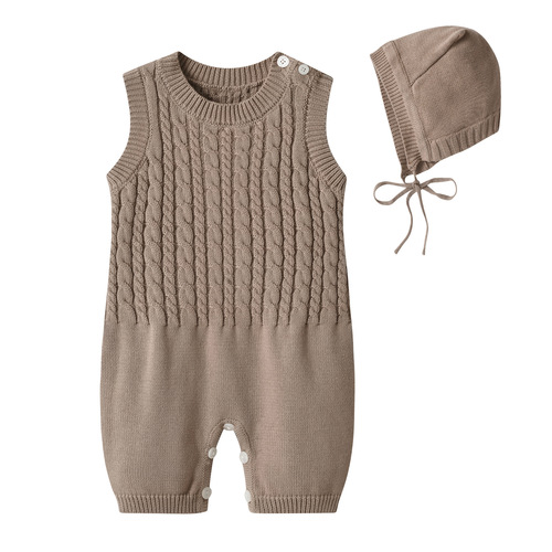 Ins Spring & Autumn Korean Version Baby Crawling Suit Pure Cotton Knitted Ribbed Shoulder Fastener Backless onesie with Hat