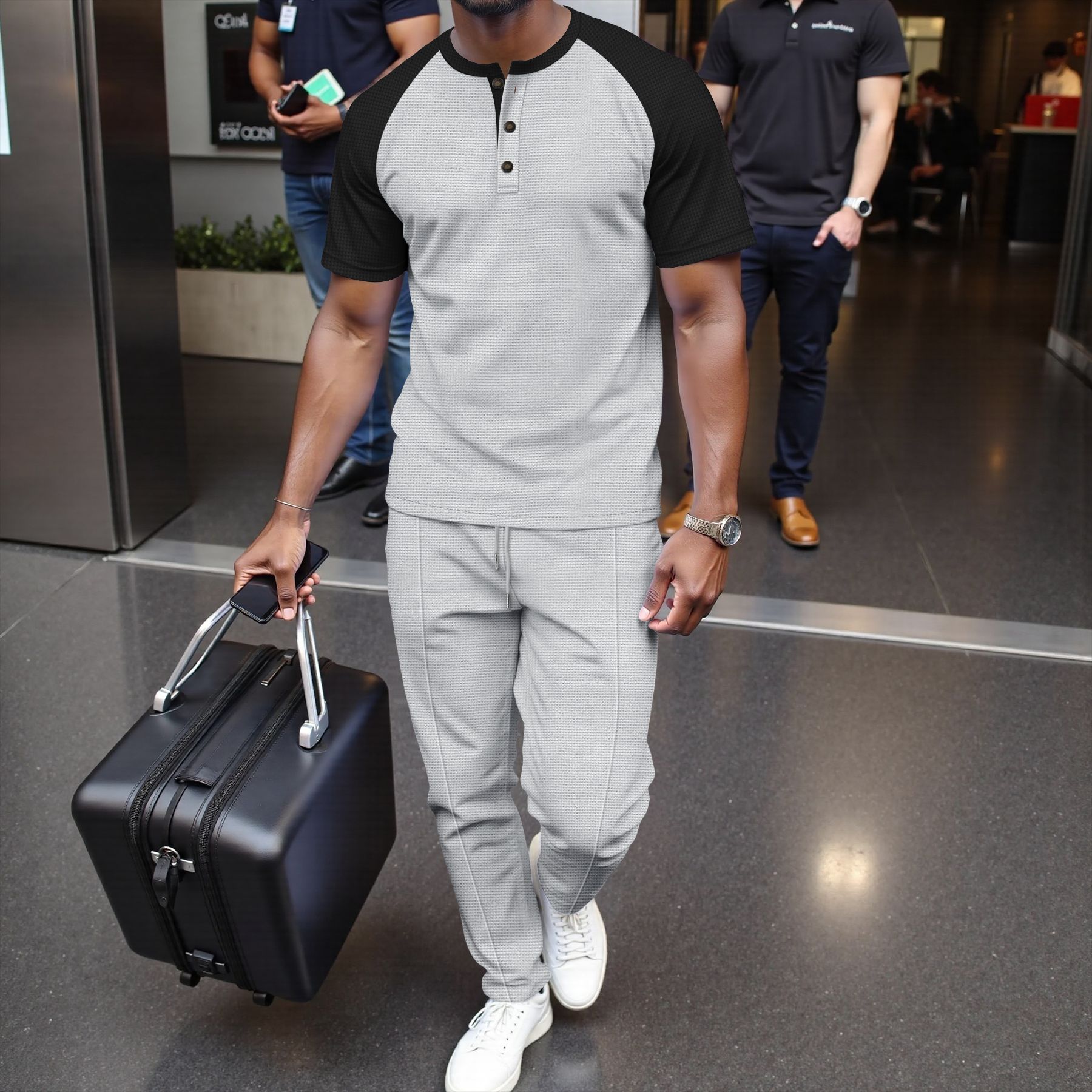 Men's Clothing Men's Summer Waffle Knit Crew Neck Color Block T-Shirt Short Sleeve Casual Outdoor Set For Formal & Casual_viptrois.com