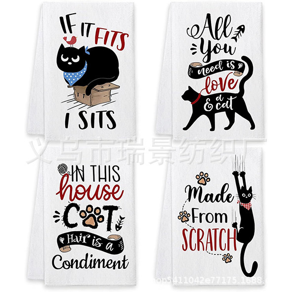 Cross-Border Hot Selling Black Cat Kitchen Towel Dish Towel Farmhouse Seasonal Kitchen Dish Towel Factory Direct Sale