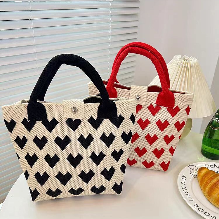 Love Handbag, Gift for Best Friend, Knitted Cross-Body Shoulder Bag, Retro Snap-Button Tote Bag for Going Out to Work