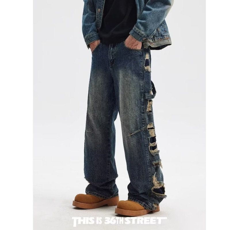 2024 autumn hard high waist washed side big hole wide leg handsome ruffian look thin look old-fashioned jeans