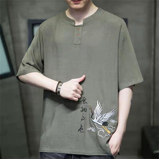 Men's Linen Short-Sleeved Shirt Men's Chinese Style Tang Suit Embroidered Cotton and Linen Men's Summer Retro Tops