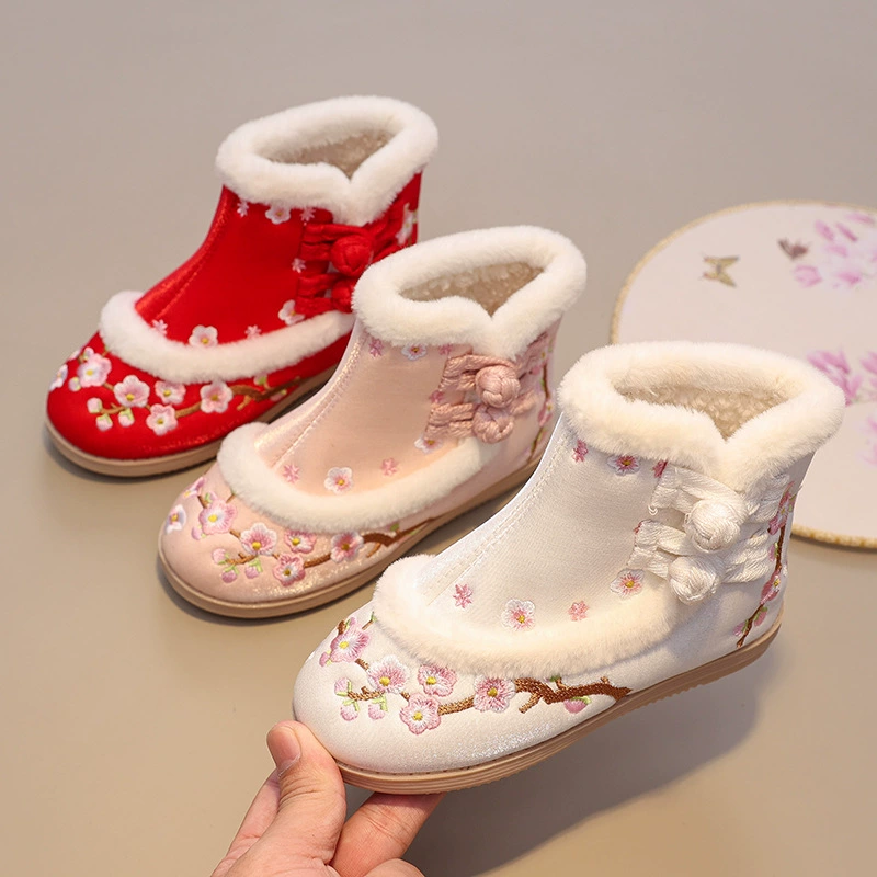 Hanfu обувь для девочек сапоги старинные конские юбки детская обувь детская национальная обувь с вышивкой зимняя бархатная хлопчатобумажная обувь
