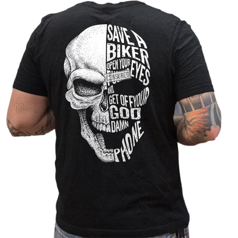 Foreign Trade New Skull Motorcycle Men's English Letter Printed Pattern Men's and Women's T-Shirt Short Sleeve Top