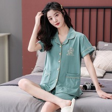睡衣女夏季短袖短裤开衫薄款莫代尔柔软韩版家居服套装加大码素色