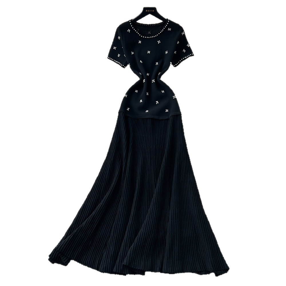Women's French Style Beaded Short Sleeved Dress Summer Gentle Feminine High Waisted A-Line Skirt Slimming Flattering for Commuting_ecoleips.com