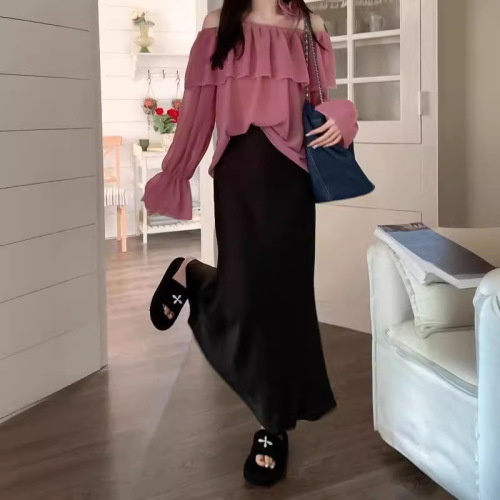 Elegant silky satin semi-slip dress for women, with a flowing medium-length summer skirt, high-waisted, slimming, versatile fish-tail style dress with a sense of sophistication.