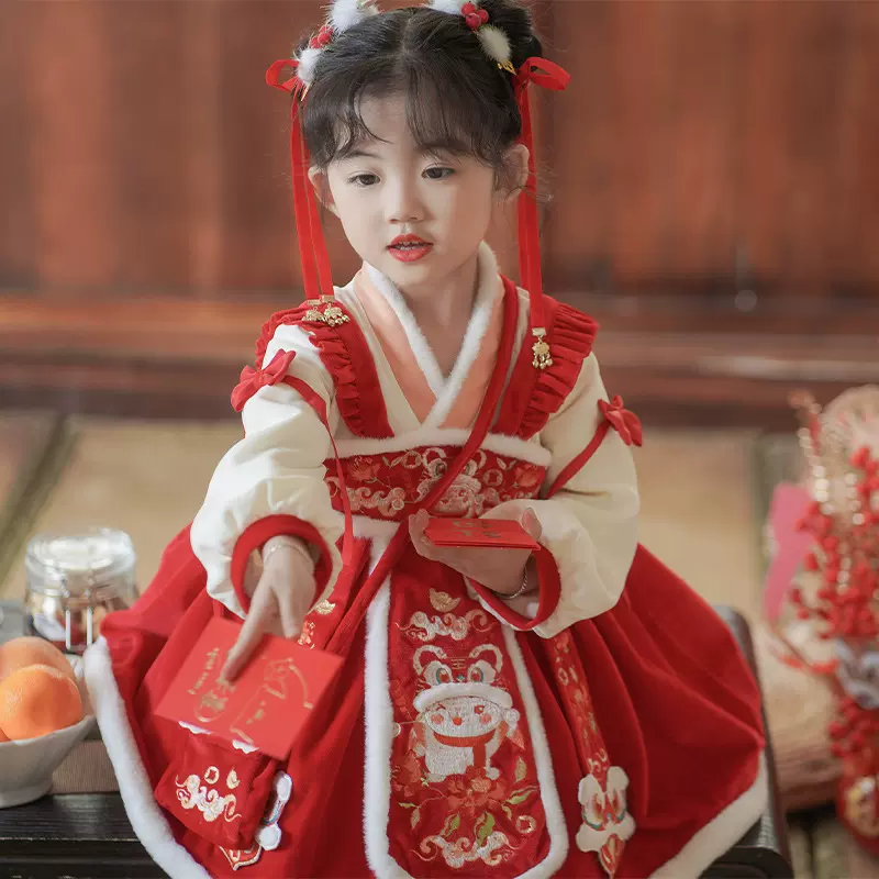 冬季中国风女童古装拜年服儿童汉服套装过年童装红色宝宝唐装包邮