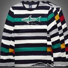 肯迪鲨鱼泰斯春秋款圆领丝光棉条纹T恤 专柜刺绣长袖打底衫男1681