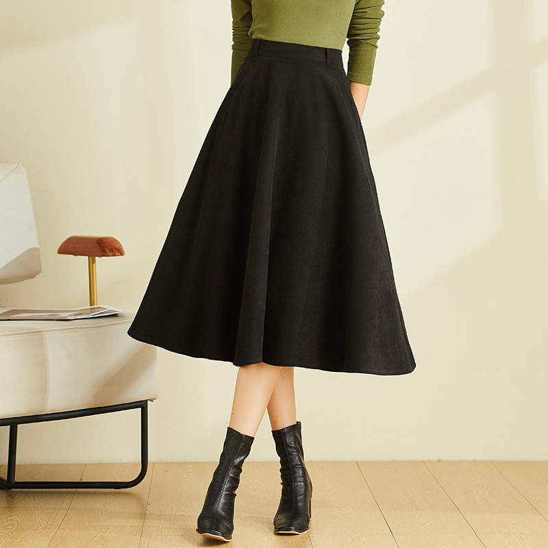 Váy midi chữ A cạp cao đen vintage, dáng suông che hông — Màu đen
