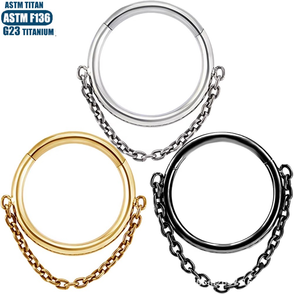 G23 Titanium Hinge Nose Ring with Zircon Chain Earrings - Seamless Open Ring Cartilage Septum Perforated Ear Ring Nose detail image 14