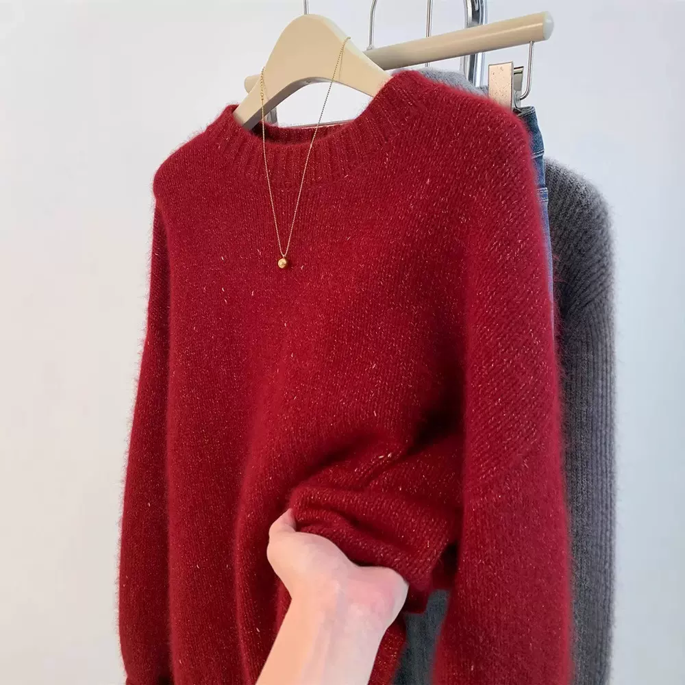 秋冬新款红色100%纯羊毛衫女欧货高端宽松加厚慵懒亮丝本命年毛衣