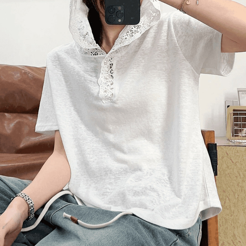 Korean-Style Lace Patchwork Hooded Short-Sleeve Shirt for Women, Summer 2026, Loose Fit, Slimming, Versatile Top, Niche Trendy Shirt Korean-Style Lace Patchwork Hooded Short-Sleeve Shirt for Women, Summer 2026, Loose Fit, Slimming, Versatile Top, Niche Trendy Shirt