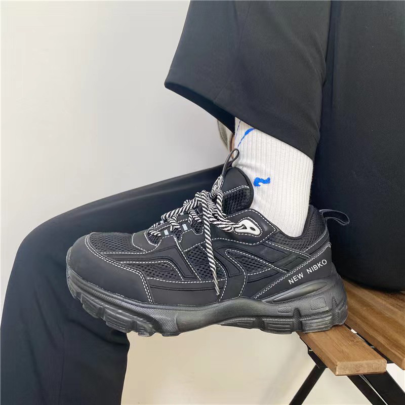 Korean style men's and women's casual black daddy shoes ins fashionable all-match street shot retro thick bottom Hong Kong style sneaker Spring