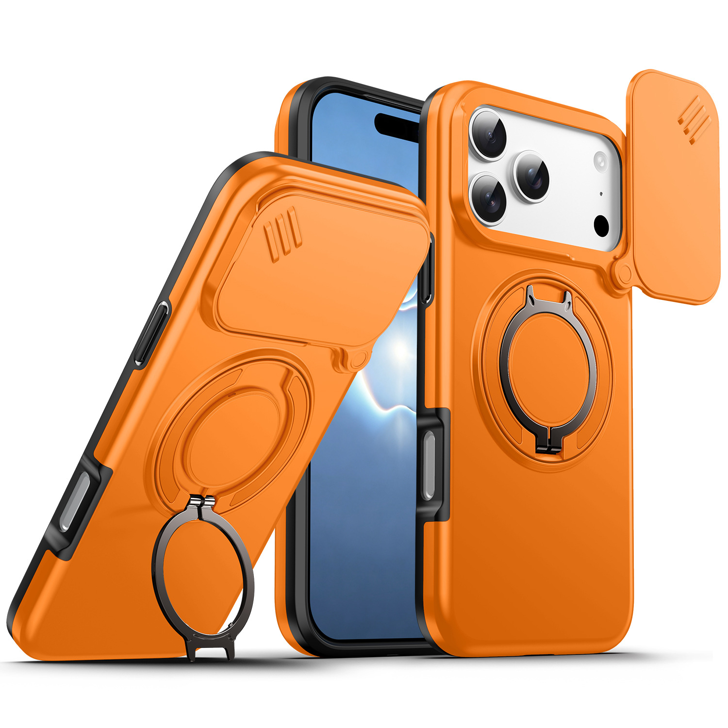 Funda Magnética para iPhone 17 Pro Max 16 15 de PC con Soporte Giratorio 360°, Tapa Deslizante para Lente y Anti-caída