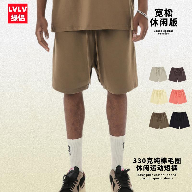 LVLV men's clothing | Men's cotton terry sports casual shorts cropped pants summer pants solid color loose retro