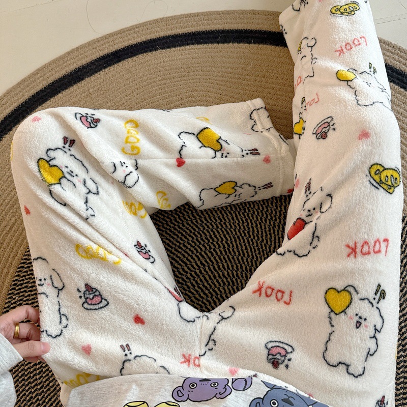 Pantalones de pijama de franela de dibujos animados de otoño y invierno para mujeres con pantalones de lana de coral caliente para estudiantes de lana de invierno para el hogar
