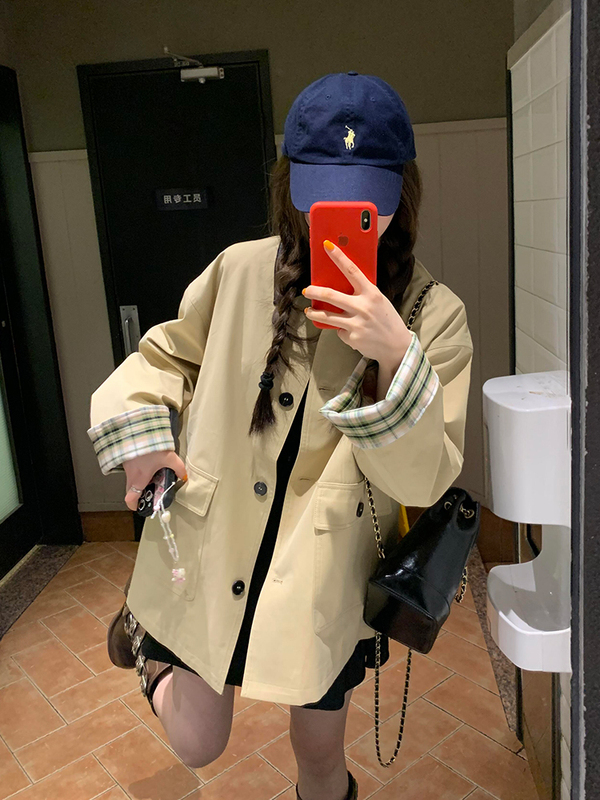 复古撞色格子拼接风衣女款2025新款开春翻领小个子韩版中长款外套|undefined