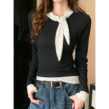 实拍#内搭打底衫秋装女2025新款秋季波点系带拼接假两件长袖