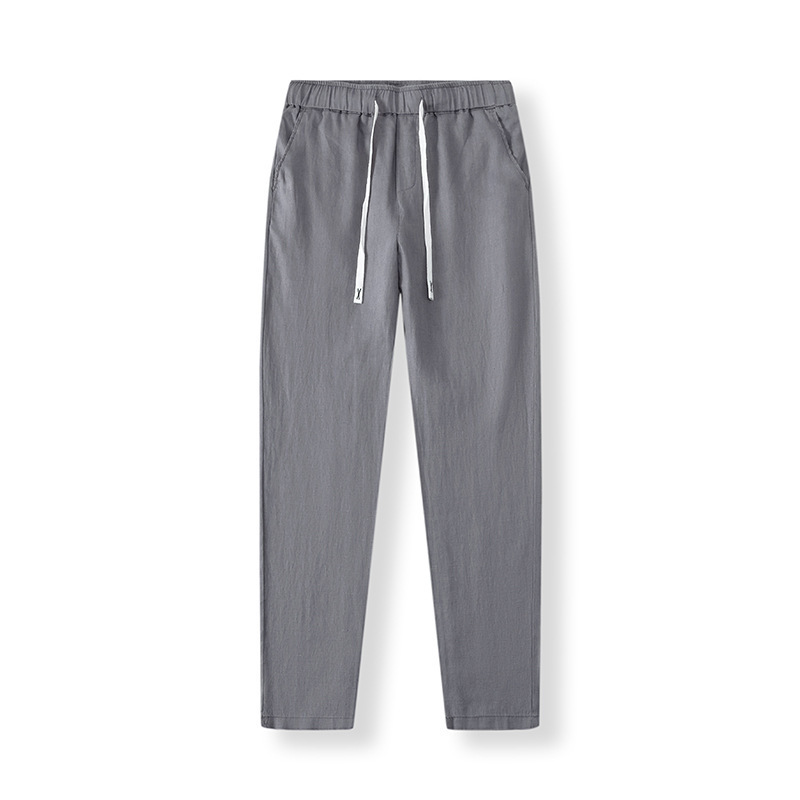 Pure Linen Breathable Chinese Style New Gray Blue Long Summer Thin Simple Casual Men's Pants White_viptrois.com