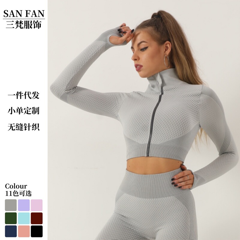 Knitted Zipper Yoga Jacket Explosive Color Contrast Seamless Quick-drying Fitness Suit Sexy High Waist Hip-lifting Sports Yoga Suit