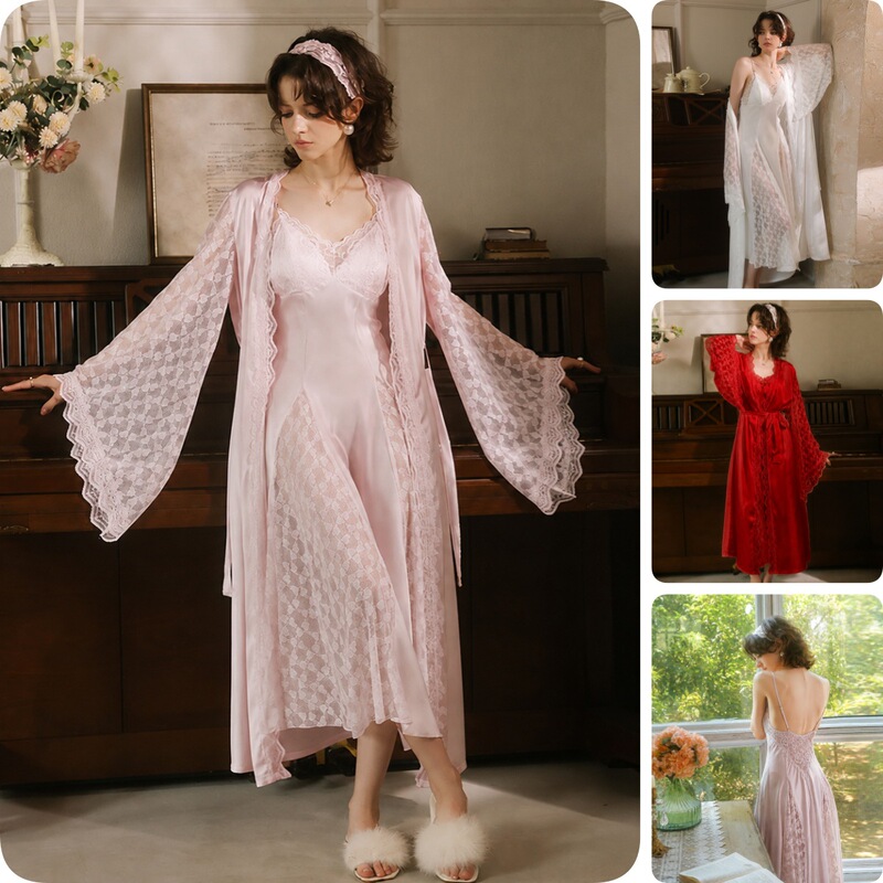 Elegant lace and ice silk two-piece pajama set, bridal wedding robe, long-sleeved nightgown, and outer robe for home wear, style 976
