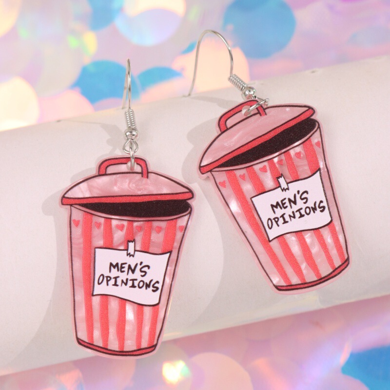 Cross-Border New Style Pink Trash Can Print Acrylic Earrings, Fun Cartoon Design, Niche Versatile Earrings