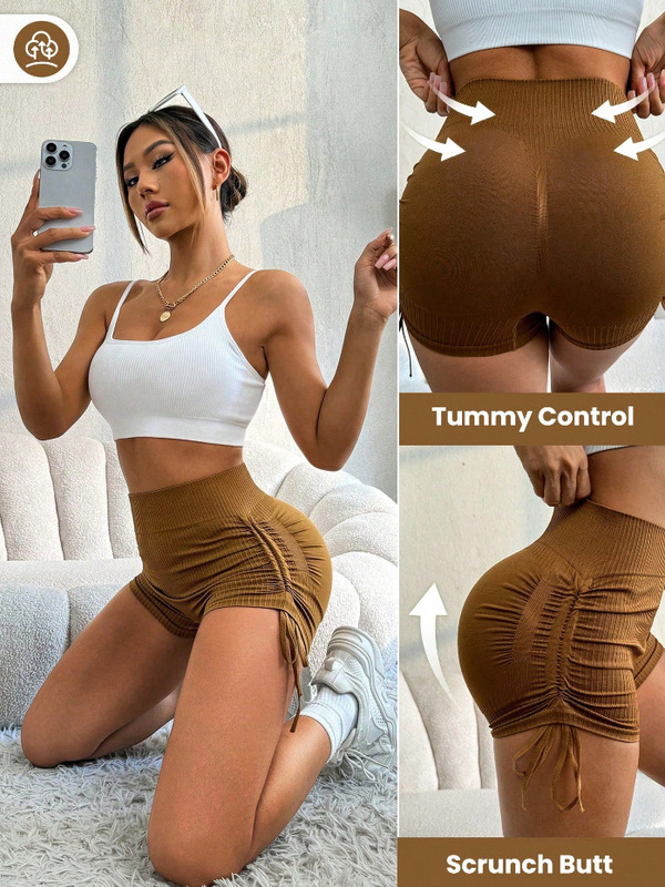 スポーツスリーポイントパンツレディースフィットネスショーツタイトハイウエストピーチヒップリフトサイクリングランニング速乾性巾着ヨガパンツ夏|undefined