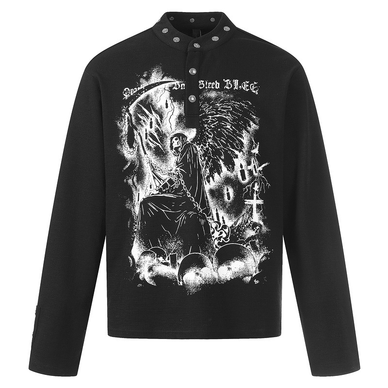 Clothing Life【New Product】Light Punk Style Mid-Neck Metal Buckle Printed Loose Short Old Money Long Sleeve T-Shirt for Men