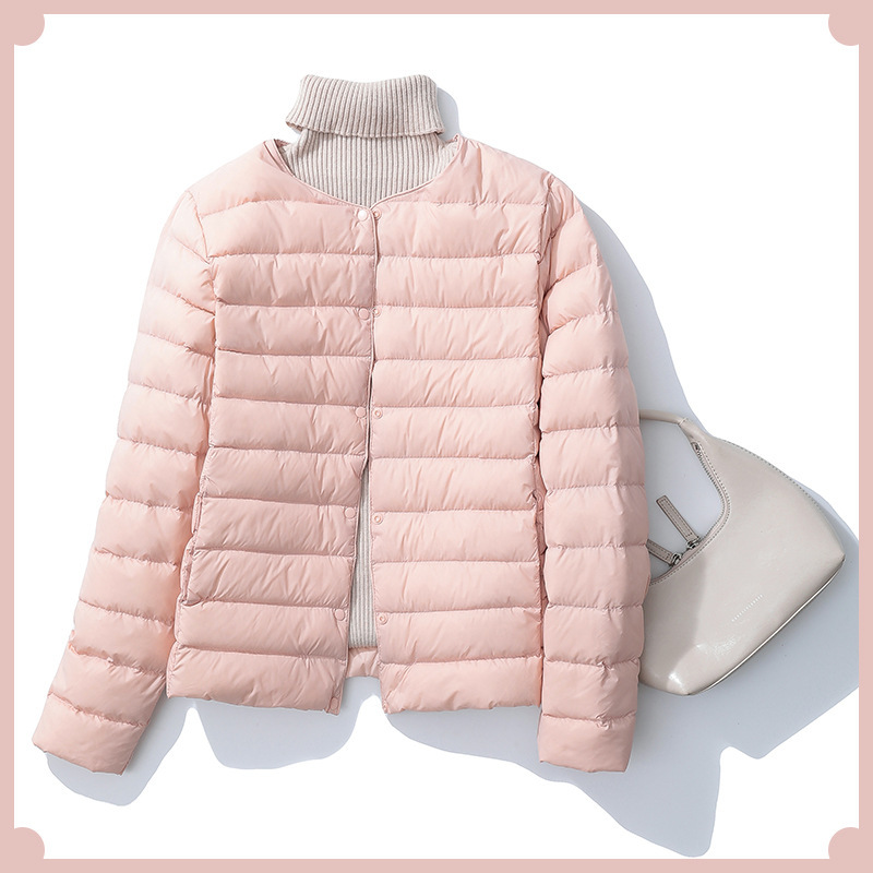 90 Velvet Collarless Lightweight down Jacket 2025 New Women's Short down Liner Large Size Jacket Round Neck V Neck Adjustable