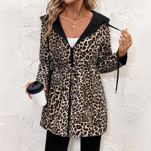 European and American Cross-Border Export Women's Double-Sided Hooded Zipper Jacket Leopard Print Casual Long Outwear Belt Long-Sleeved Sweatshirt