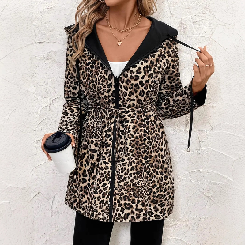 Cross-Border European and American Foreign Trade Women's Clothing Reversible Leopard Print Hooded Zipper Jacket Casual Long Coat with Belt and Long Sleeves