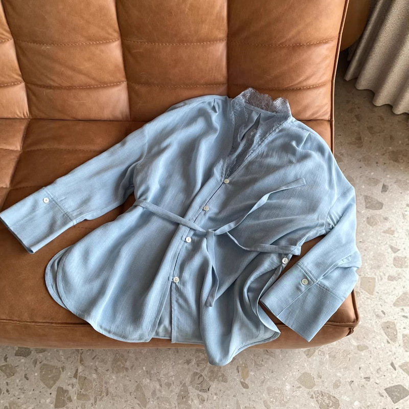 2026 Spring and Autumn New Style Fresh and Gentle Light Blue Lace Patchwork V-Neck Tie Slim Fit Slit Lightweight Shirt 2026 Spring and Autumn New Style Fresh and Gentle Light Blue Lace Patchwork V-Neck Tie Slim Fit Slit Lightweight Shirt