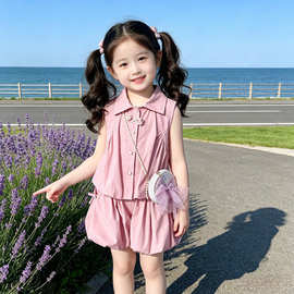 2026女小童夏季无袖polo领衬衫洋气花苞短裤夏季休闲韩范两件童装