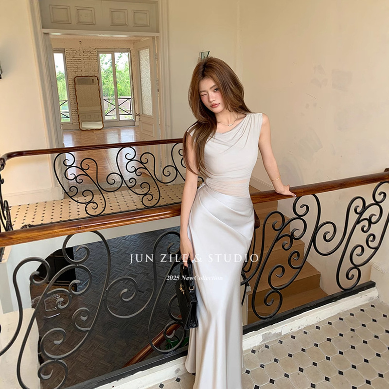 Women's Summer High-End Mesh Satin Stitching Cut Out Slim Slim Sleeveless Dress Fishtail Hip Long Skirt Women's Summer High-End Mesh Satin Stitching Cut Out Slim Slim Sleeveless Dress Fishtail Hip Long Skirt