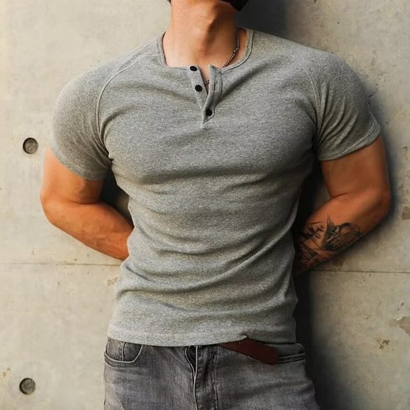 Henry Shirt Men's Short-Sleeved T-Shirt American-Style Heavyweight Ribbed Fitness Retro Short-Sleeved Muscle-Showing Running Slim Training Clothes