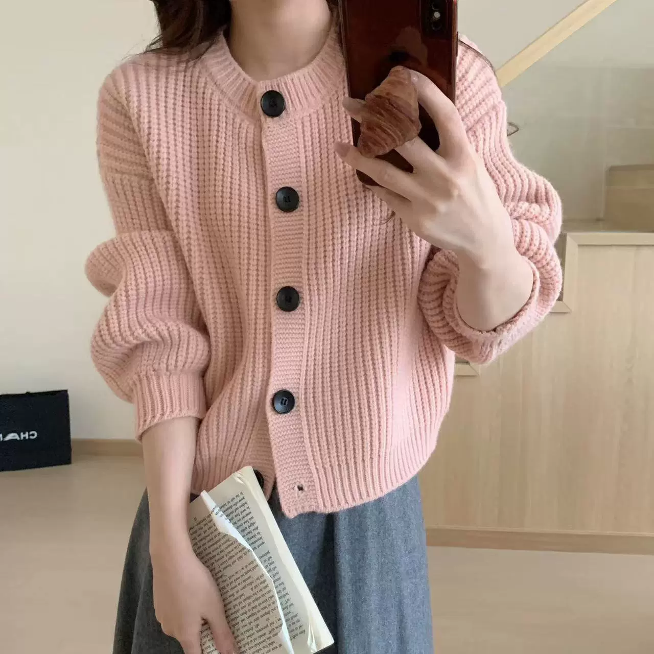 韩系慵懒风纯色毛衣外套秋冬跨境女装宽松软糯圆领单排扣针织开衫