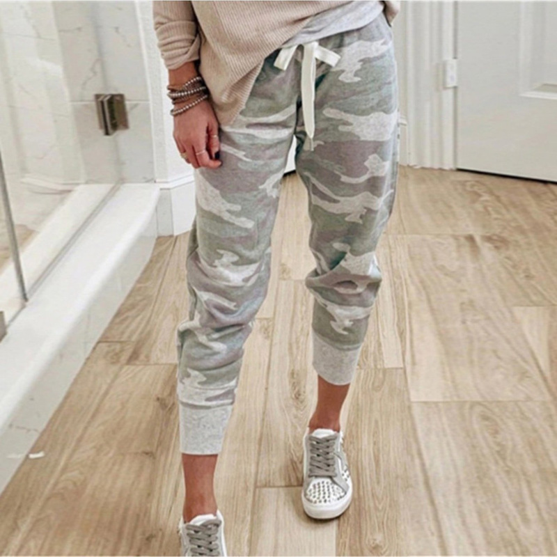 2026 New European and American Style Camouflage Print Drawstring Casual Pants for Women, High-Waisted Loose Cropped Jogger Pants for Women