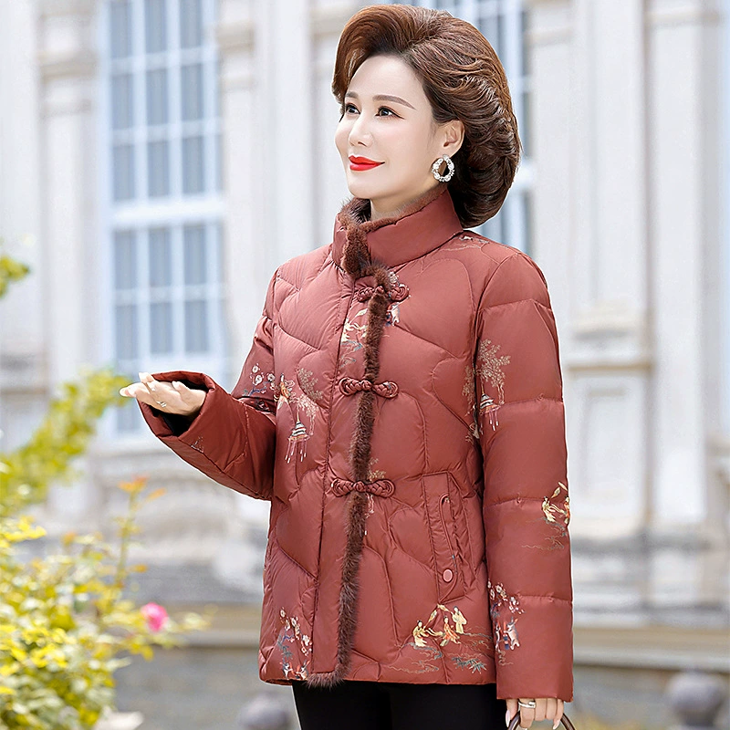 Мама зимний пуховик настоящая норковая шерсть теплая утолщая куртка 2024 новая средняя и пожилая женская вышитая хлопчатобумажная куртка