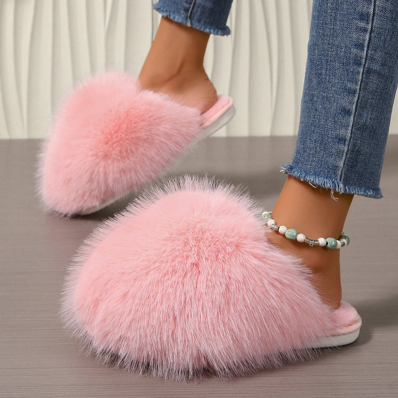 Cross-Border Amazon Large Size Solid Color Fluffy Big Fur Slippers with Soft Soles, Winter Closed-Toe Home Warm Multi-Color Cotton Slippers