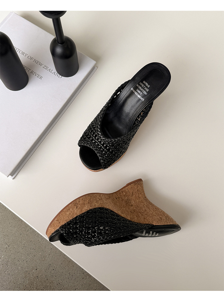 Sandal cao gót nữ đế xuồng mũi hở quai ngang bện đan — màu nâu, màu đen, màu trắng ngà chi tiết 16