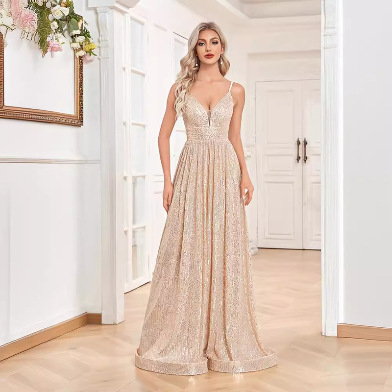 European and American New Sequin Sexy Backless Evening Dress Deep V-Neck Bridesmaid Dress Evening Dress Cocktail Women European and American New Sequin Sexy Backless Evening Dress Deep V-Neck Bridesmaid Dress Evening Dress Cocktail Women