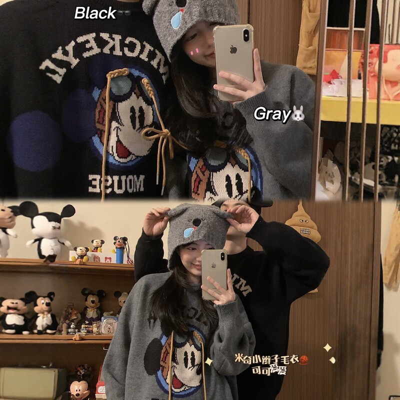 Mickey cartoon round neck sweater for women, autumn and winter loose pullover knitwear in gray, black, and brown, couple style autumn wear