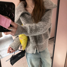 泡菜国加厚圈圈羊毛大翻领拉链针织开衫毛衣外套