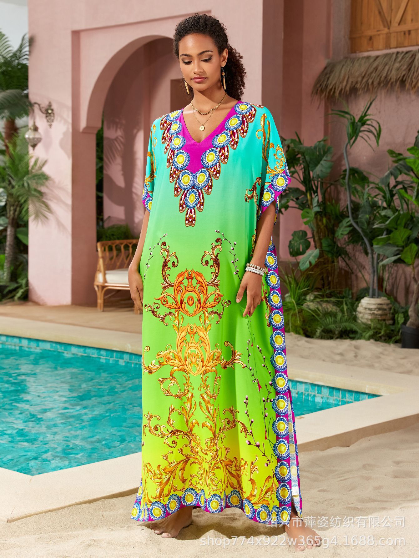 Camiseta de playa de algodón impresa de posicionamiento bohemio falda larga camisa de vacaciones protector solar bañador con pañuelo AT556