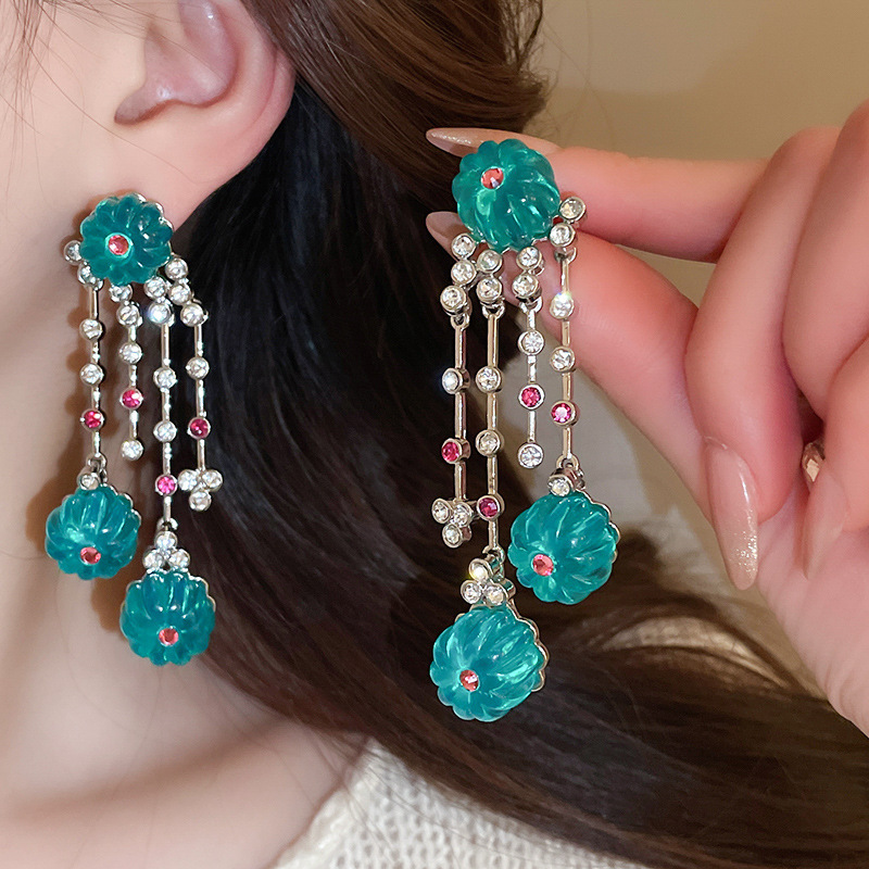 Pendientes de flor de cristal de aguja de plata, cuentas de arroz de cristal, pendientes azules, pendientes de estilo de vacaciones frescas, pendientes de lujo ligero, de alta calidad, mujeres