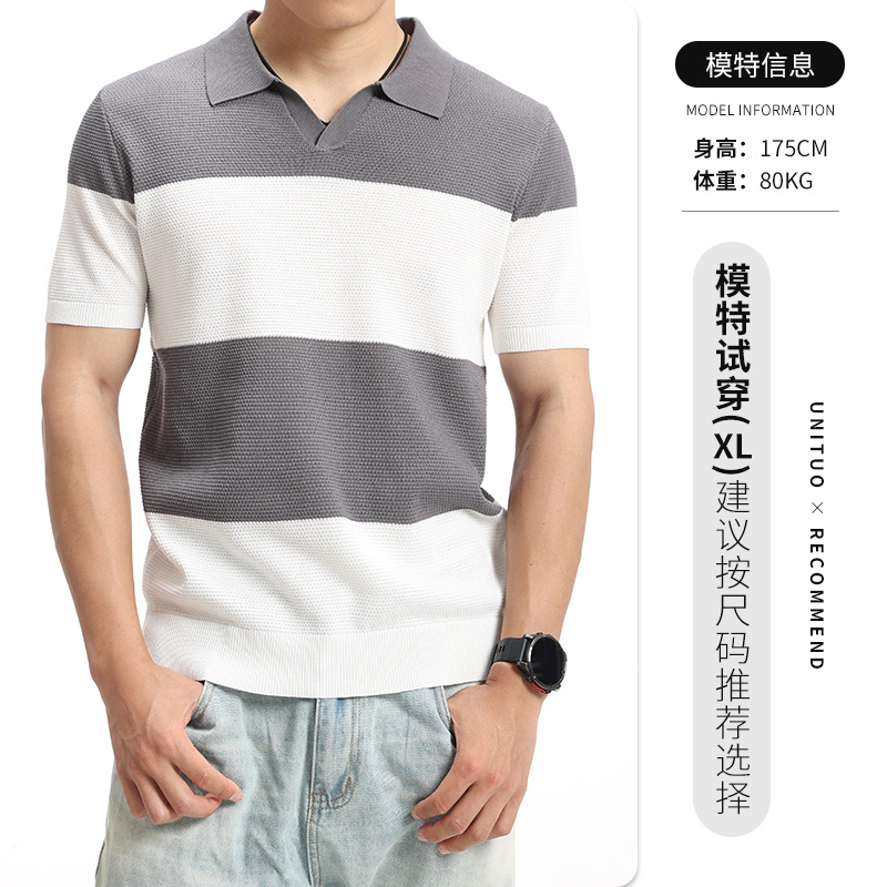 Hombres viejos ganchos de hielo de seda de punto polo camiseta de manga corta hombre de alto nivel de negocios camiseta de cuello de gaviota ropa de hombre