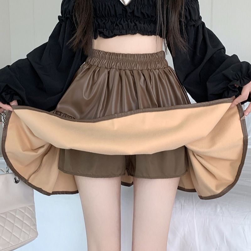 咖色皮百褶半身裙女秋冬松紧高腰显瘦防走光字蓬蓬蛋糕短裙裤