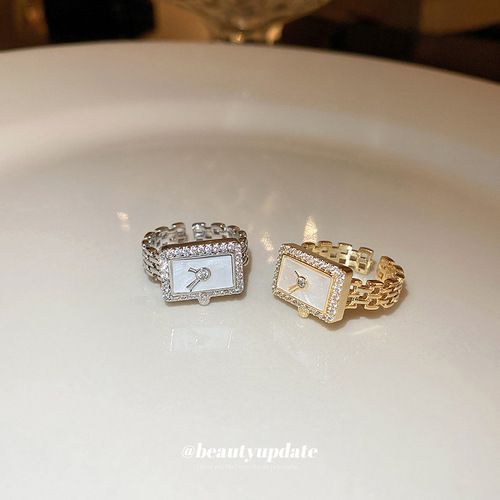 Real gold electroplated zircon square clock chain open ring fashionable and versatile index finger ring personalized hand jewelry for women